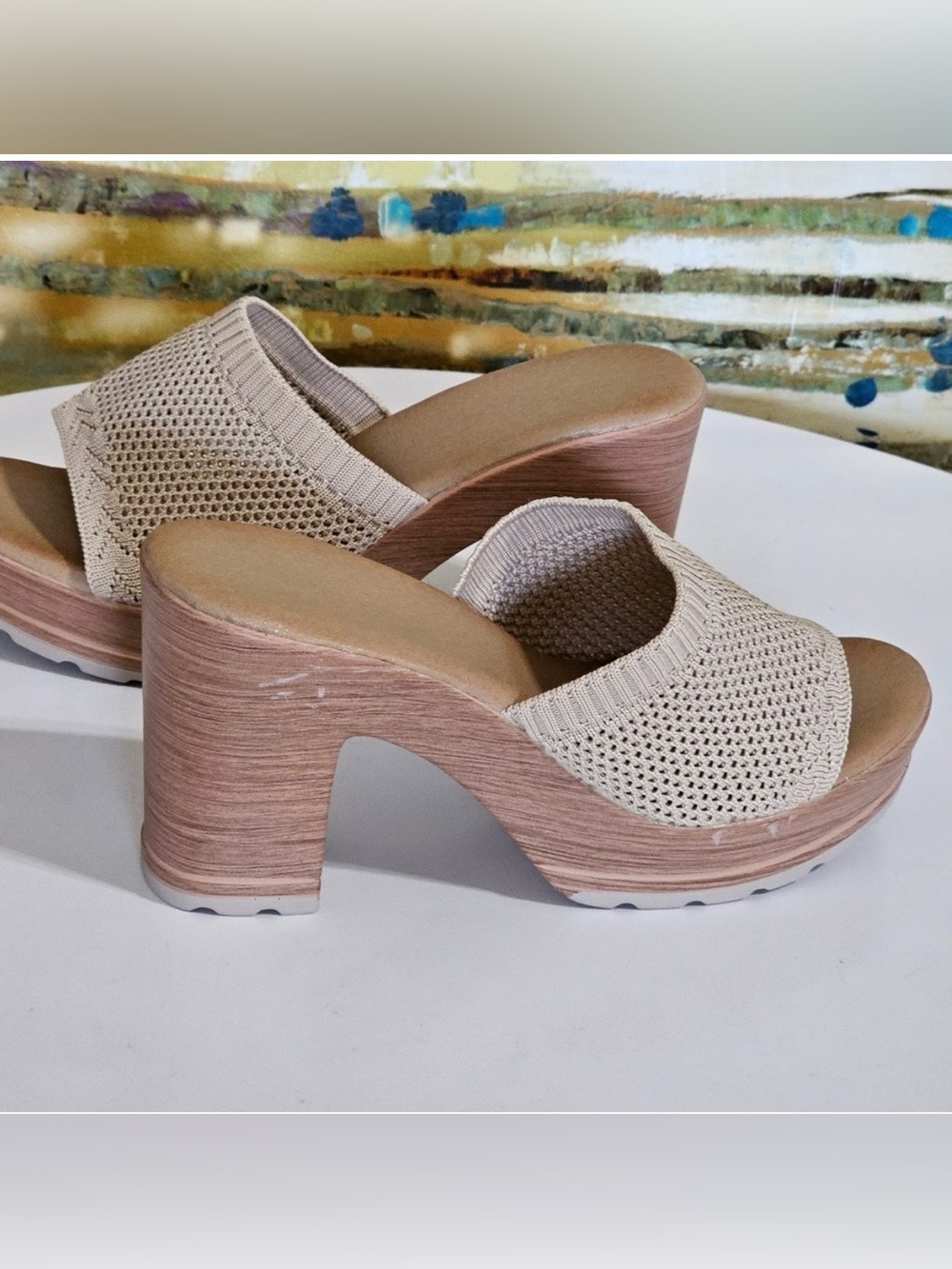Beige Knit Platform Mule Heels - Women Casual Summer Resort Office Shoes - Picture 9 of 10